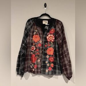 Savannah Jane Floral Embroidered Plaid Button-Front Top Black & Burgundy medium